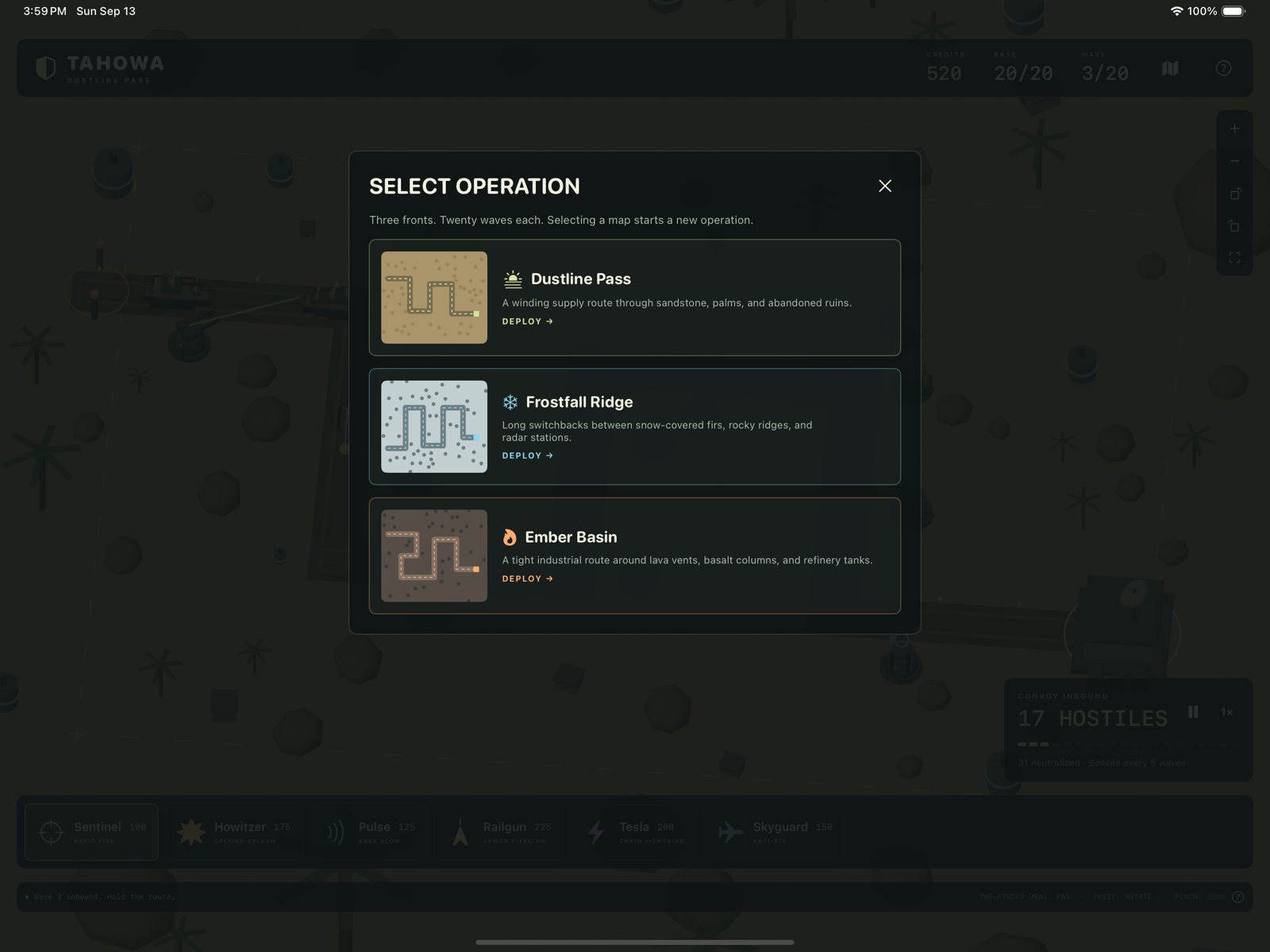 Tahowa Defense on iPad - Operation selection